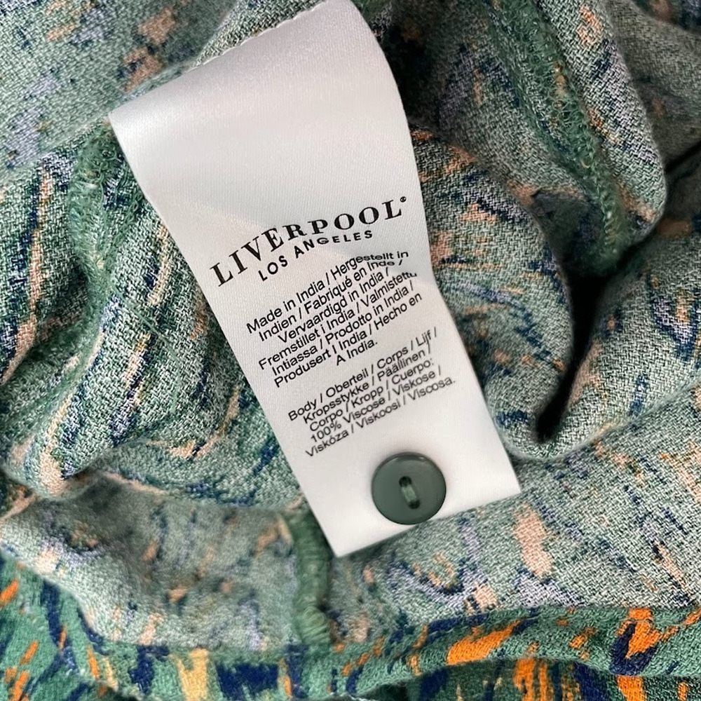 Liverpool Button Up Shirt Size Small Emerald Ikat Earthy Green Woven Blouse Boho - Picture 7 of 9
